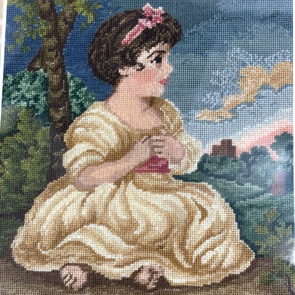 Vintage Framed Petit Point Girl Needlepoint Art Hand-Stitched Wall Decor - Picture 3 of 13